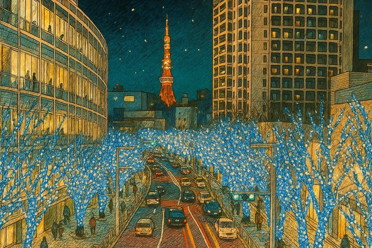 arbres zelkova, tokyo, christmas, illumination
