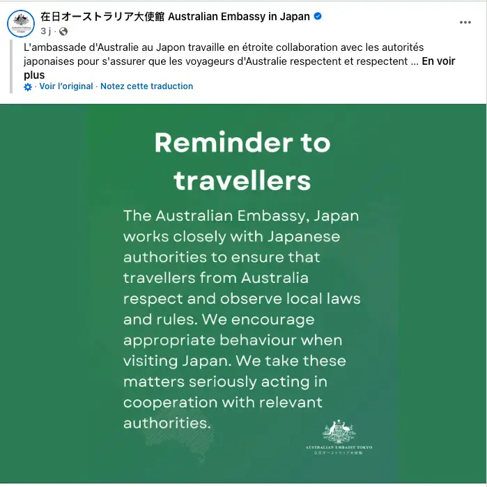 Communication de l'ambassade d'Australie au Japon